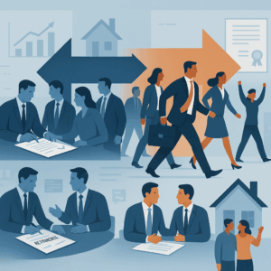 A conceptual illustration showing a dynamic corporate transition one group of professionals symboli